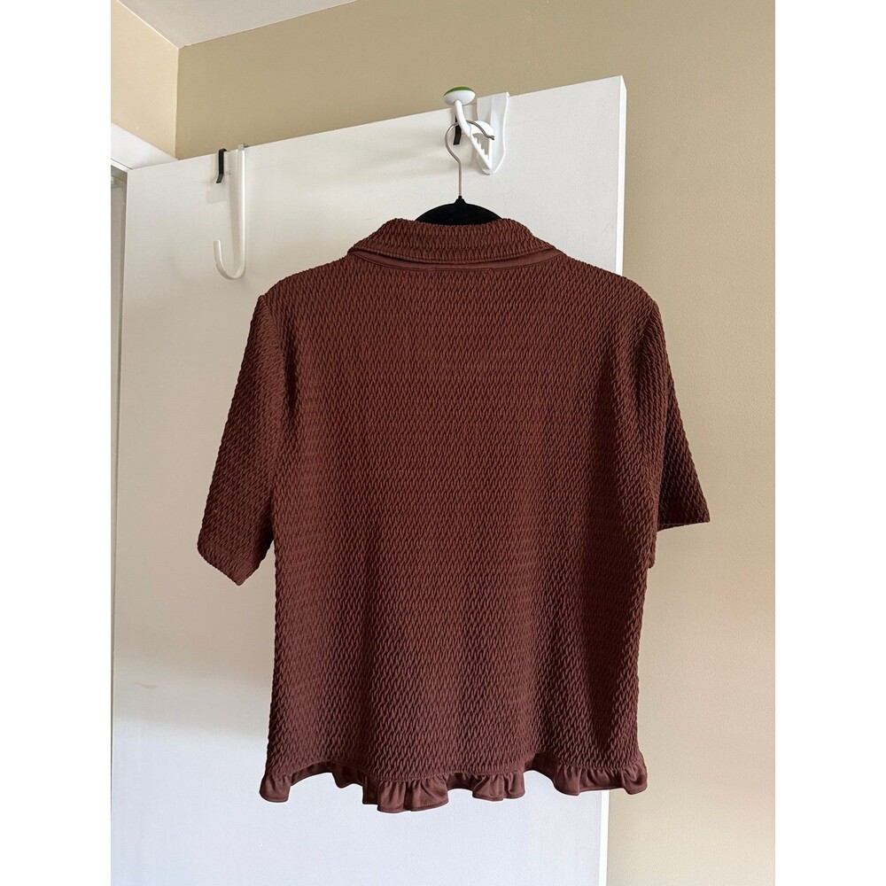 LOFT Brown Textured Button Front Blouse Top XL Ruffle Hem - Picture 7 of 7